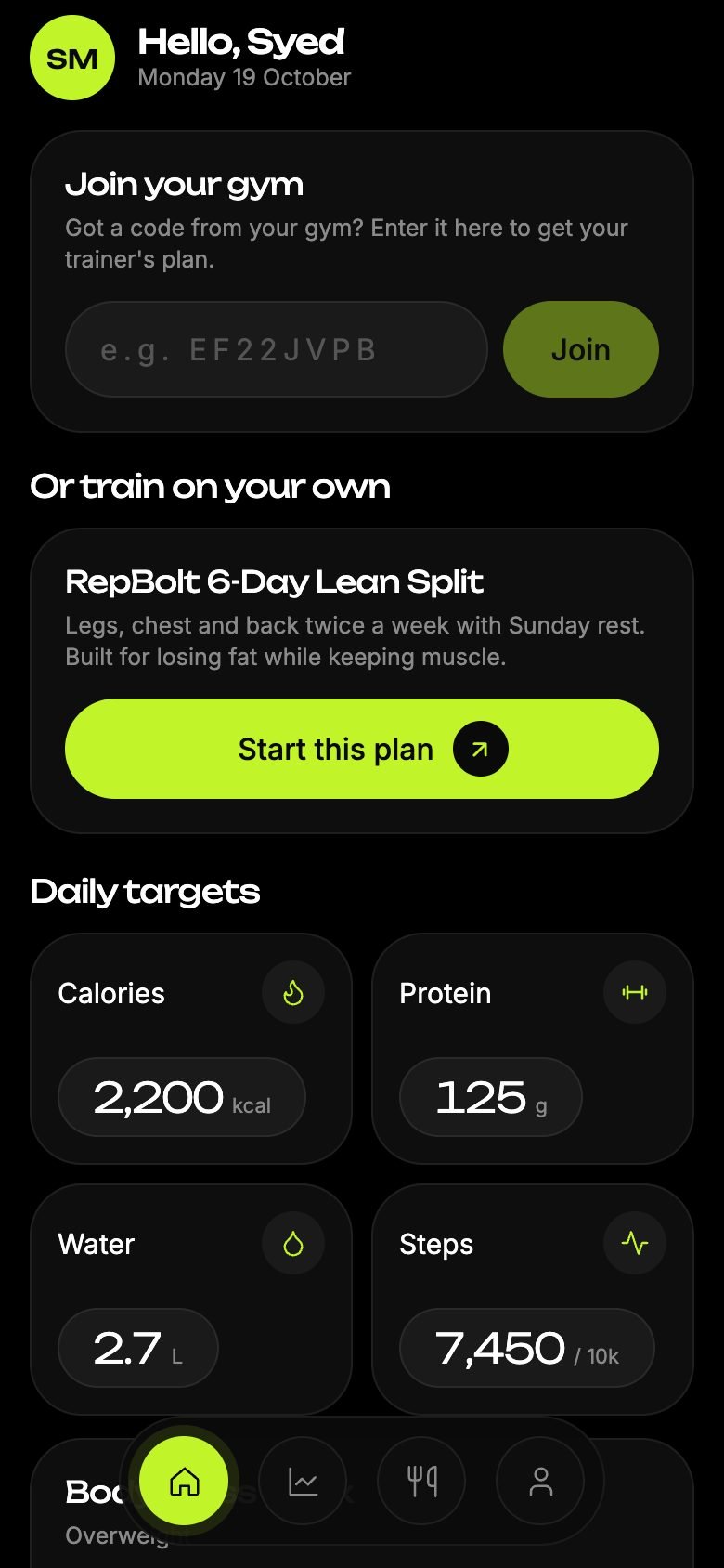 The RepBolt member app: today's workout and daily targets