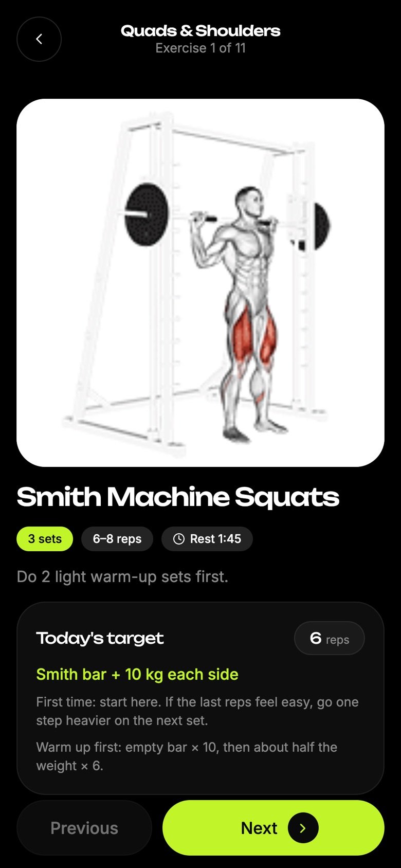 A workout in the member app: the exercise GIF, sets, reps and today's target weight