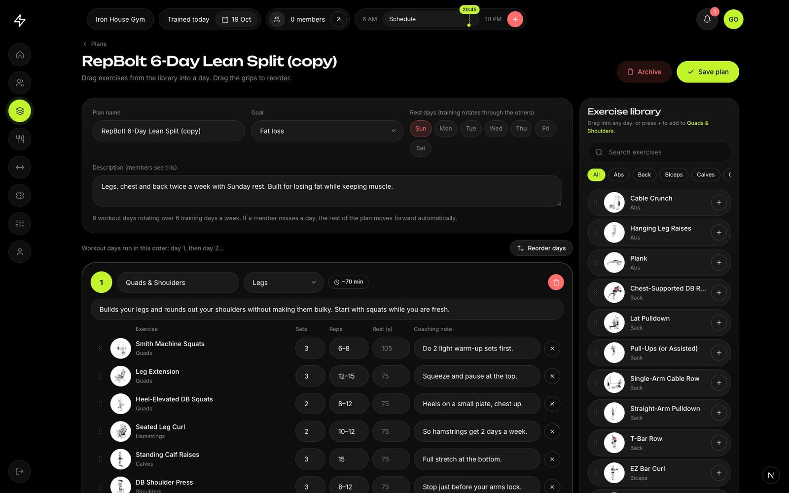 The workout plan builder with an exercise library to drag from